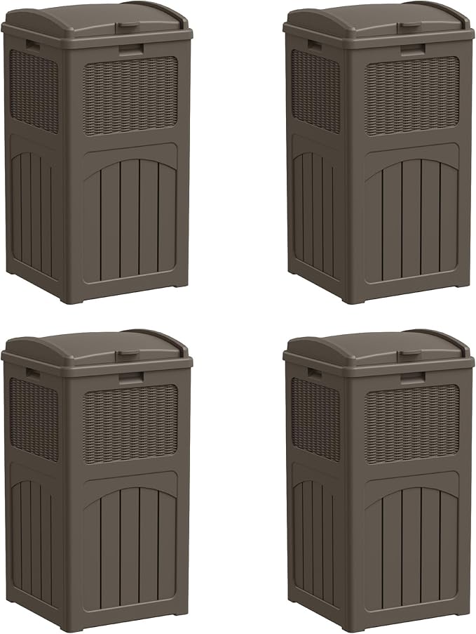 Greesum 33 Gallon Outdoor Trash Can with Lid, Waterproof Resin Garbage Bin for Hideaway, Deck, Patio, 4 Pack, Dark Brown-DeskLoop Office