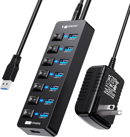 Powered USB Hub 3.0,VEMONT 7 Ports Multi USB hubs and 1 USB Smart Charging Port with 5V/3A Power Supply,USB Extension Splitter with Individual On/Off Switches and 4ft/1.2m Long Cable for PC/Laptop-DeskLoop Office
