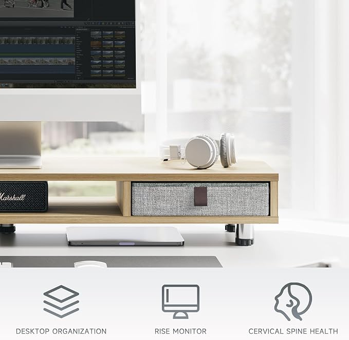 Fenge Monitor Stand, Dual Monitor Stand with 2 Drawers, Monitor Riser for 2 Monitors, Adjustable Height Computer Stand, Office Monitor Stands for Desk, Laptop, PC, TV, Printer-DeskLoop Office