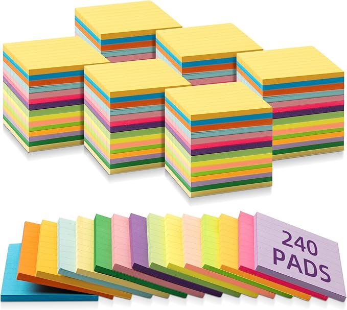 Seajan 240 Pads 3 x 3 Inch Sticky Notes Notepads Multi Bright Colors Self Sticky Pads for Students Teachers School Office Supply Desk Accessory 15 Colors, 50 Sheets Each(Neon,Line)-DeskLoop Office