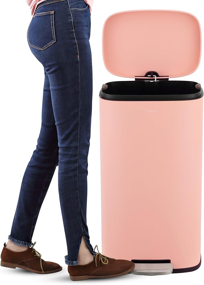 happimess HPM1006G Connor Rectangular 13-Gallon Trash Can with Soft-Close Lid and Free Mini Trash Can, Fingerprint Resistant, Modern, Minimalistic for Home, Kitchen, Office, Bathroom, Flamingo Pink-DeskLoop Office