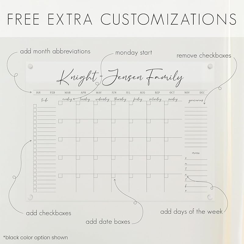 Personalized Clear Acrylic Calendar for Wall, Calendar Whiteboard for Wall, Dry Erase Wall Calendar, Wall Calendar Organizer System for Home (Cursive, Black, 14"W x 11"H)