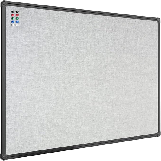 JILoffice Cork Linen Bulletin Board 36 X 24 Inch (Grey), Black Aluminum Frame Wall Mounted Board Memo Pin Board for Office Home and School-DeskLoop Office