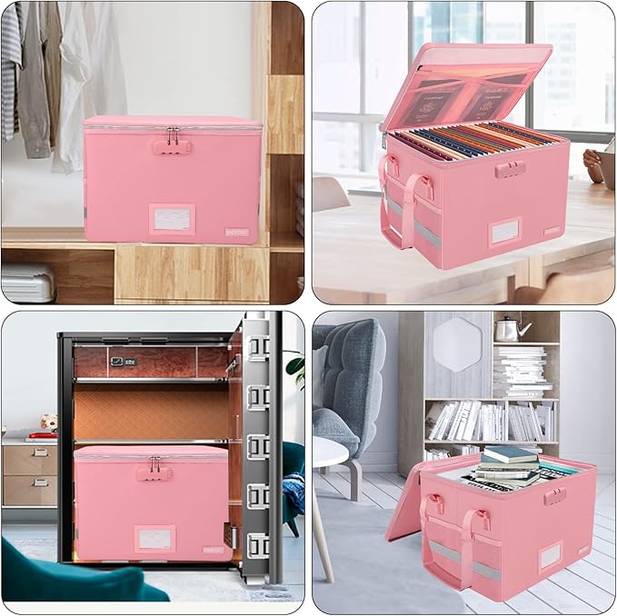 ENGPOW File Box with Lock, Fireproof Document Box with Zipper&Pockets, Collapsible File Organizer Filing Storage Cabinet with Handle, Portable Home Office Safe for Hanging Letter/Legal Folder, Pink-DeskLoop Office