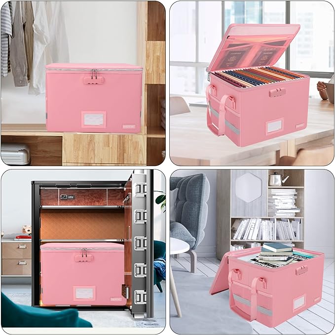 ENGPOW File Box with Lock, Fireproof Document Box with Pockets, Collapsible File Organizer Filing Storage Cabinet with Handle, Portable Home Office Safe for Hanging Letter/Legal Folders, Pink, 2 Pack-DeskLoop Office