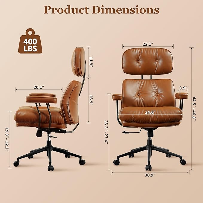 Mid Century Modren Big and Tall Office Chair,Large Ergonomic Executive Chair for Heavy Duty People, Computer Desk Task Chair with Wheels, Faux Lether Fabric Wide Chair for Home Sturdy,Brown(PU)-DeskLoop Office
