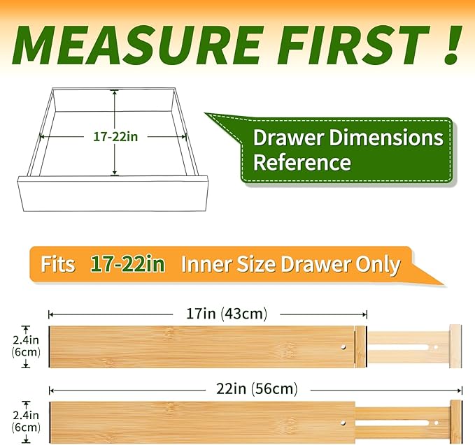 Bamboo Drawer Organizers 4 Pack, 17-22" Adjustable Spring Loaded Dividers for Kitchen Utensils, Silverware, Clothes, Dresser, Bathroom and Office Storage-DeskLoop Office