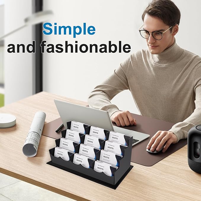 Business Card Holder, Acrylic Business Card Display, Clear Desktop Business Card Stand for Exhibition, Home & Office Black 4 Tiers 12 Slots-DeskLoop Office