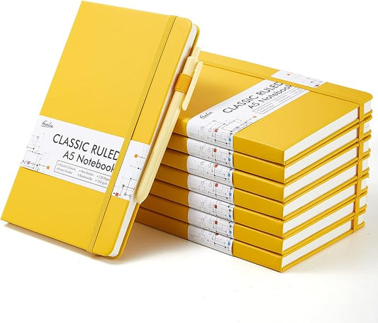 feela 8 Pack Journal Notebook Bulk for School, Hardcover Business Notebooks Classic Ruled Lined Journals with Pen Holder for Work Note Taking, with 8 Black Pens, 120 GSM, 5.1”x8.3”, A5, Yellow-DeskLoop Office
