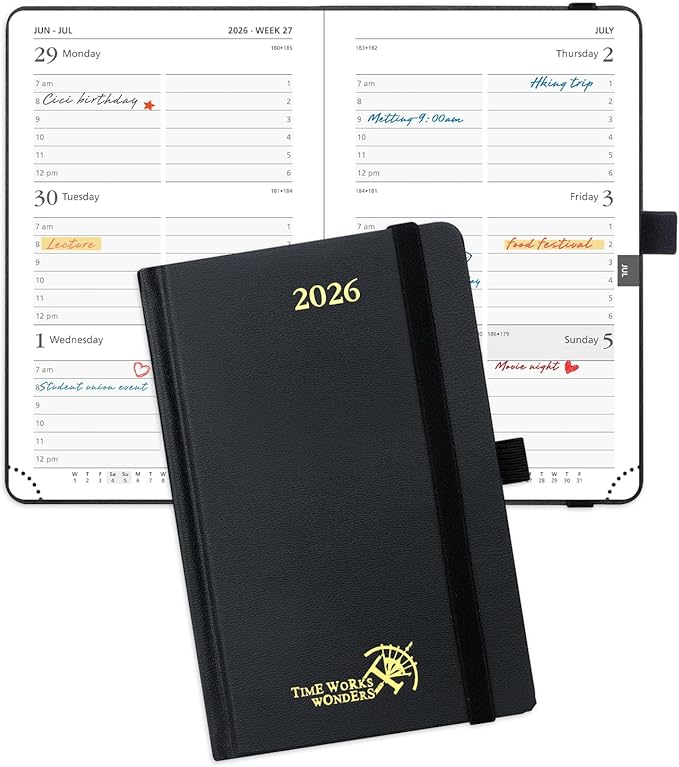 POPRUN 2026 Planner (Pocket Size 4''x 6.25'' Hardcover) - Small Calendar for Purse with Hourly Schedule & Vertical Weekly Layout, Monthly Calendars, 100 GSM - Black-DeskLoop Office