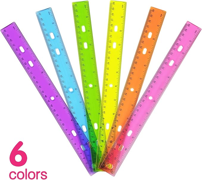 ZZTX 6 Pack Color Transparent Ruler Plastic Rulers 12 Inch, Metric Bulk Rulers with Inches and Centimeters, Kids Ruler for School, Home, Office-DeskLoop Office