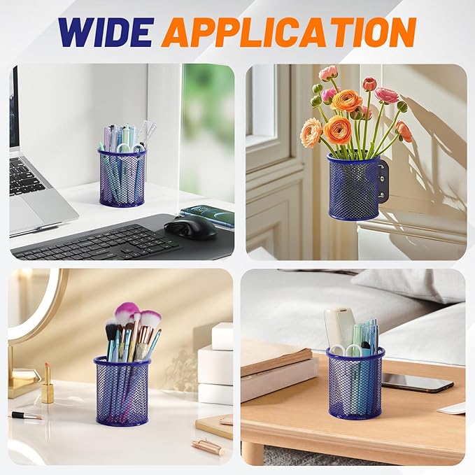 Segarty Pen Cup, 3 Pack Round Cute Dark Blue Pen Holder for Desk, Wire Mesh Pencil Holder Container Set, Desktop Organizer for Office Supplies, Maker, School, Home Storage, Makeup Brush-DeskLoop Office
