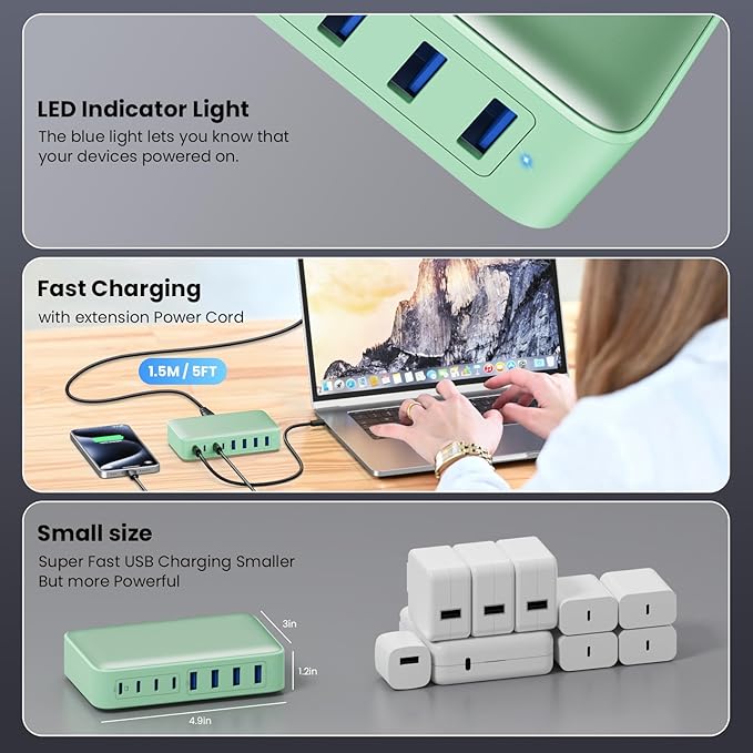 USB C Charger 200W USB C Charger Block GaN III 8-Port Fast Charging Station PD 65W Laptop Charger Adapter Compatible with MacBook Pro/Air,DELL,HP Surface,iPhone 15/14/13,Galaxy S23/22 (G)-DeskLoop Office