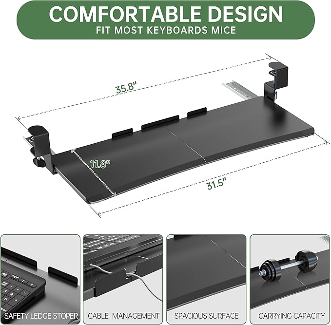 Extra Large Keyboard Tray Under Desk - Slide Out with Sturdy C-Clip Mount System, 31.5" (35.8" Including Clamps) x 11.8" Put-Out Keyboard Tray Computer Drawer for Ergonomic Typing, Black-DeskLoop Office