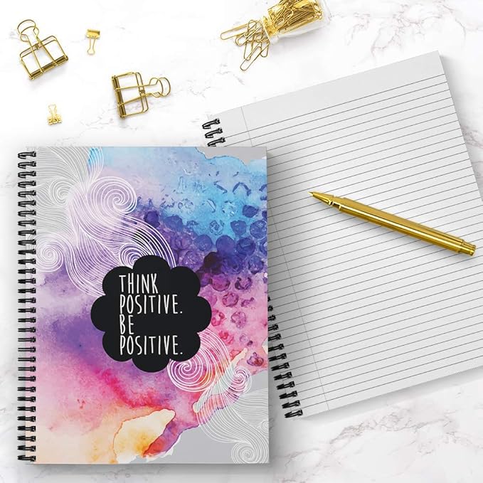Softcover Think Positive 8.5" x 11" Motivational Spiral Notebook/Journal, 120 College Ruled Pages, Durable Gloss Laminated Cover, Black Wire-o Spiral. Made in the USA-DeskLoop Office