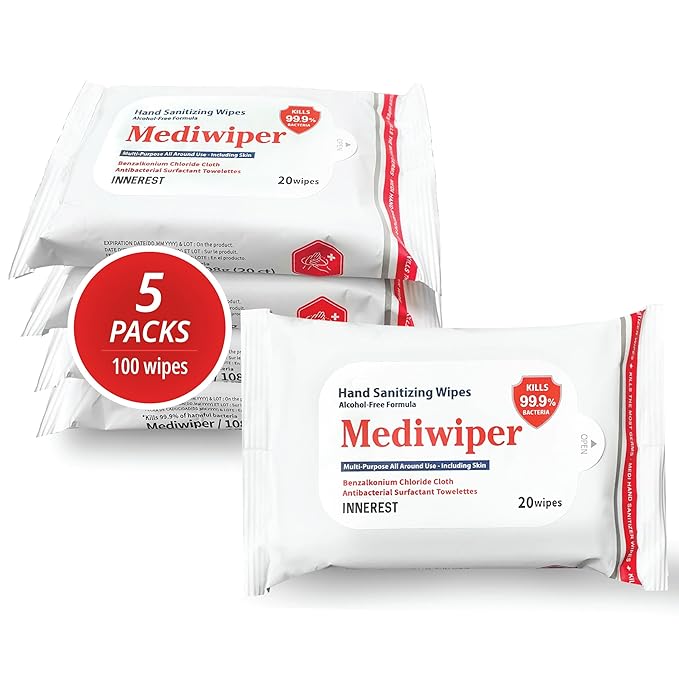 Mediwiper 20 Count Alcohol-Free Sanitizing Wipes Disinfecting Large Unscented Wet Wipes Bulk, Hand Sanitizer (20 Wipes, 100 Wipes (20 * 5))-DeskLoop Office