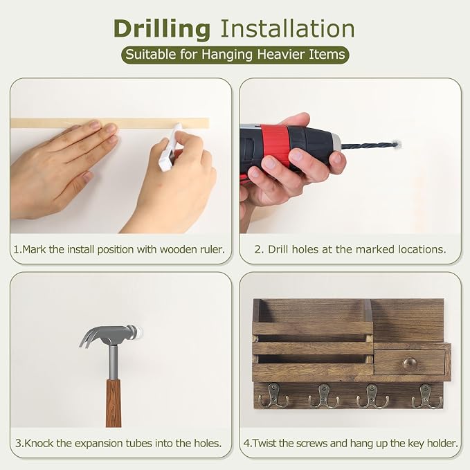 Key Holder Wall Mount, Wooden Adhesive Mail and Key Organizer - Image 8