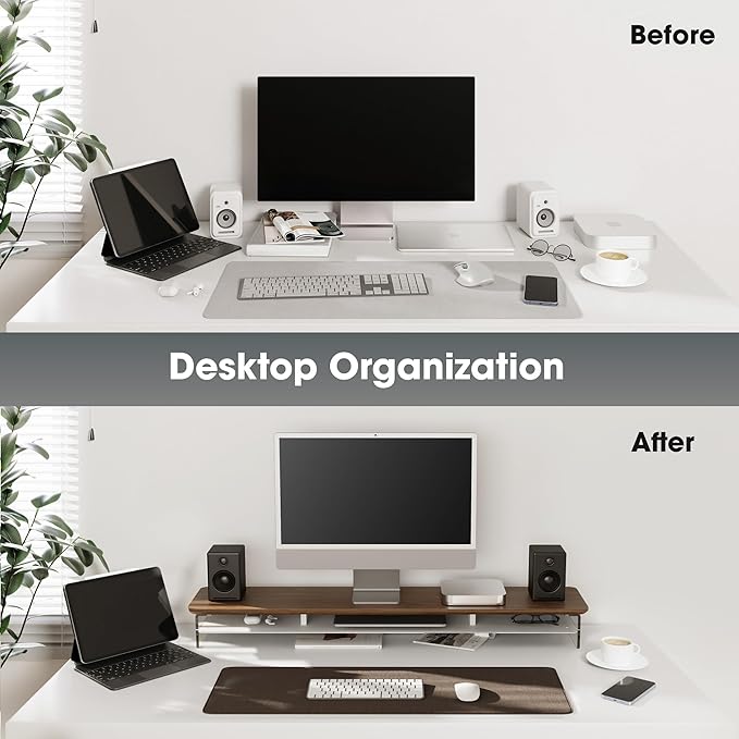 Fenge Acrylic Monitor Stand Riser, 42.5 Inches Dual Monitor Stand with Metal Storage, 2 Tier Acrylic Computer Riser for Desk, Clear Laptop Stand for PC, Laptop, Printer, TV, Brown-DeskLoop Office