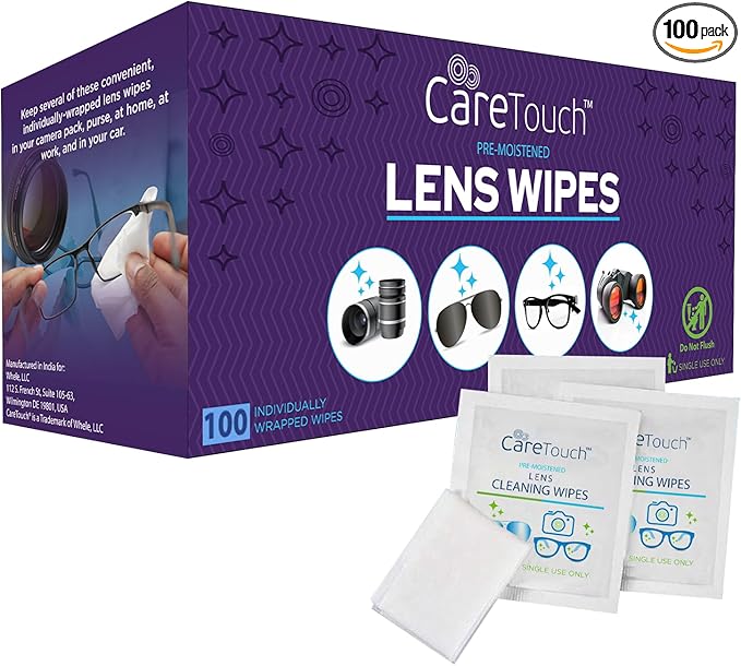 Care Touch Lens Wipes for Eyeglasses- 100 Count Individually Wrapped Pre- Moistened Wipes, 5 x 6 Inch- Camera Lens, Sunglasses and Glasses Cleaner,- Gentle and Portable for Cleaning of Optical Devices-DeskLoop Office