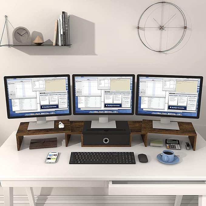 WESTREE Triple Dual Monitor Stand Riser with Drawer,Extra Large Adjustable for 2~3 Monitors,Solt for Phone & Tablet, Desktop Organizer Stand for Computer,Laptop,Printer,TV-DeskLoop Office