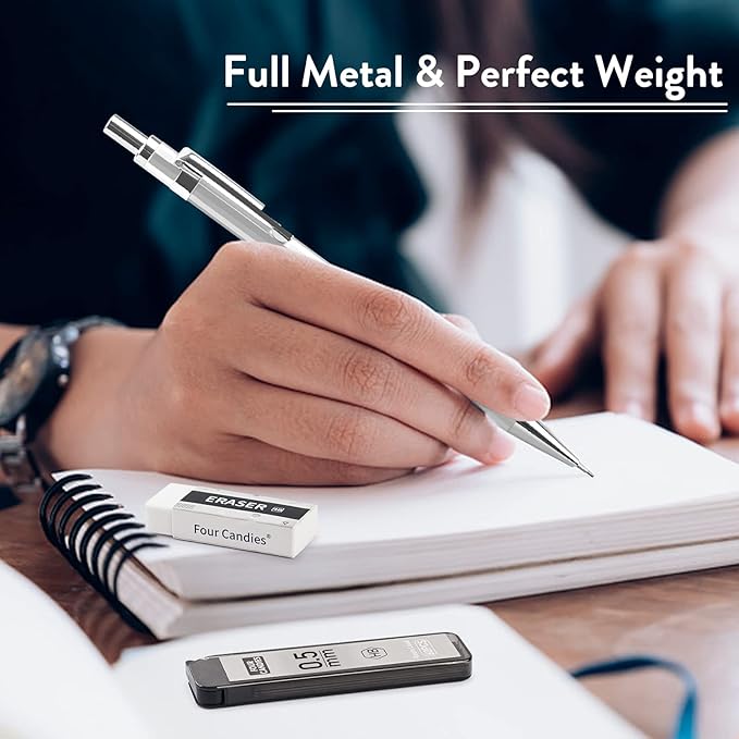 Four Candies 0.5mm Mechanical Pencil Set with Case - 4PCS Metal Mechanical Pencils, 8 Tubes HB #2 Lead Refills, 3PCS 4B Erasers and 9PCS Eraser Refills, Lead Mechanical Pencils for Writing & Drawing-DeskLoop Office