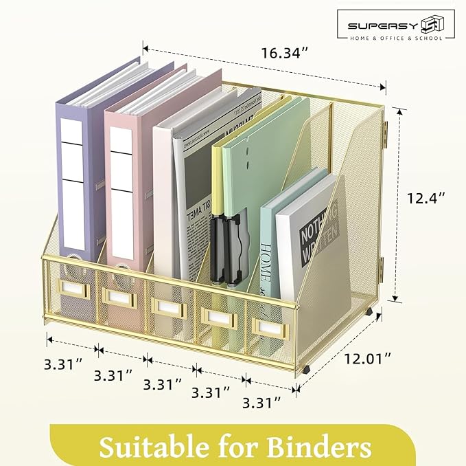 SUPEASY Desk Organizers Metal Desk Magazine File Holder with 5 Vertical Compartments Rack File Organizer for Office Desktop, Home Workspace, Gold Plus-DeskLoop Office