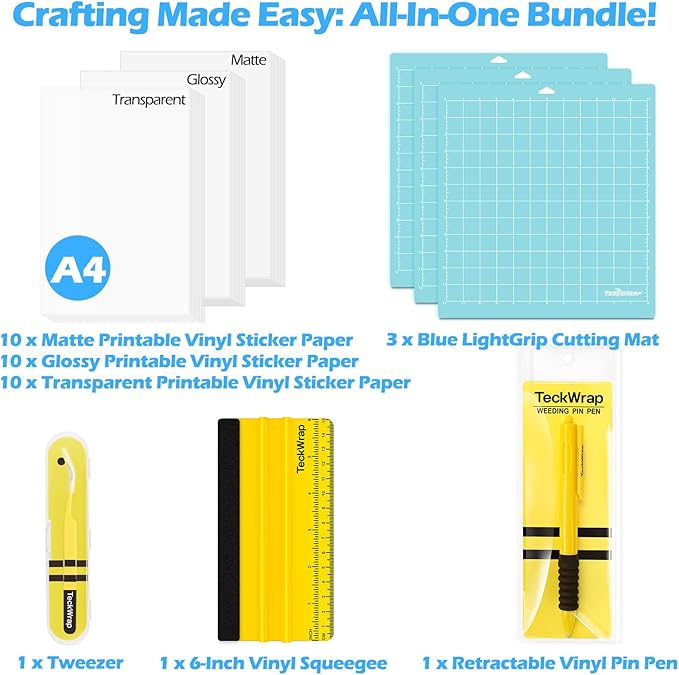 TECKWRAP Printable Vinyl Sticker Paper, (MatteGlossyTransparent) Inkjet Printable Sticker Vinyl, A4 30PCS Photo Paper for Craft, Stickers, Labels All-in-One Tools & Accessories Bundle Kit-DeskLoop Office