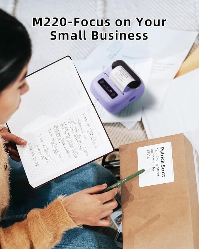 Phomemo M220 Label Maker, Bluetooth Thermal Label Maker Machine for Barcode, Address, Home, Mailing, Small Business,Clothing, Portable Wireless Printer with 1 Rolls Label, Purple-DeskLoop Office