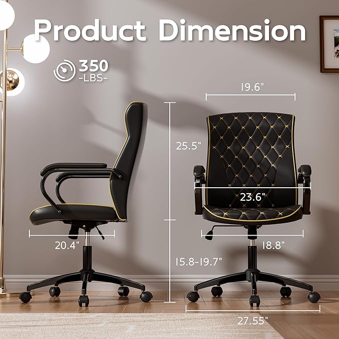 Black Office Chair with Soft Leather Embroidery, Mid Back Vintage Swivel Executive Desk Chair with Wheels and Padded Arms, Adjustable Height-DeskLoop Office