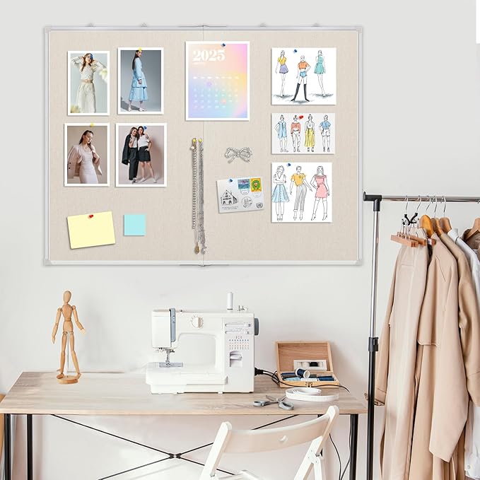 Double-Sided Large Cork Board with Linen, 48" x 36" Foldable Hanging Aluminum Framed Bulletin Board, Vision Board Pin Board Corkboards for Walls, Office, School Decor, 20 Pushpins-DeskLoop Office