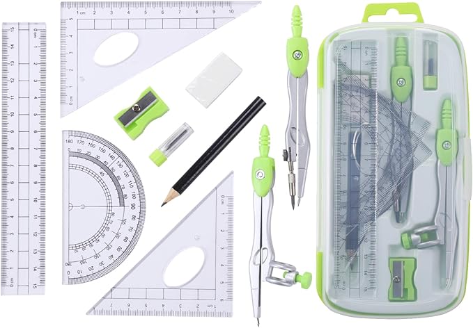 Math Geometry Kit Sets 10 Piece Student Supplies with Shatterproof Storage Box,Includes Rulers,Protractor,Compass,Eraser,Pencil Sharpener,Lead Refills,Pencil,for Drafting and Drawings(Green)-DeskLoop Office