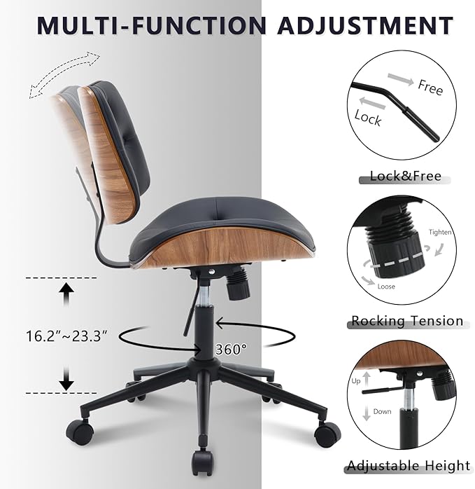 Armless Home Office Chair with Wheels, PU Leather Adjustable Height Computer Desk Chair, 360 Swivel Small No Arms Chair, Modern Button Walnut Style for Office, Reading Meeting Room(Black)-DeskLoop Office