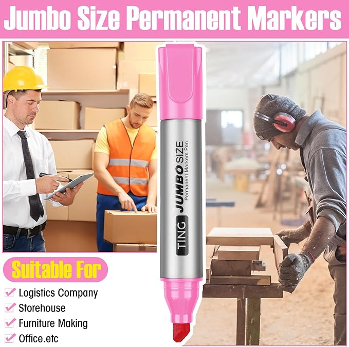 Fuutreo 10 Pack Jumbo Permanent Markers Bulk Large Chisel Tip Permanent Markers Quick Drying Waterproof Big Huge Poster Pens for Office, Logistics Company and More(Pink)-DeskLoop Office