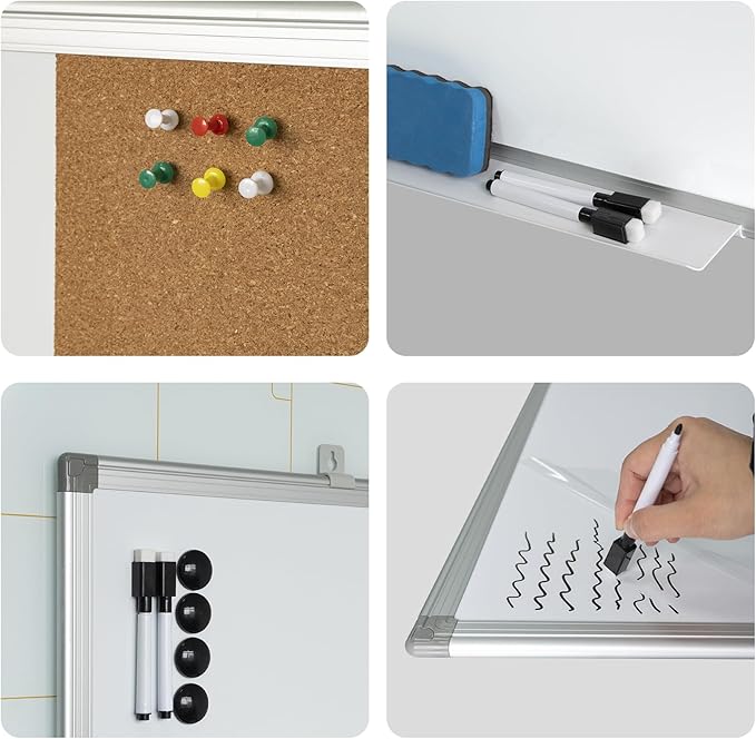 Combination Writeboard 24"x 18" Magnetic Whiteboard & Cork Board Aluminium Frame Dry Erase Board Bulletin Board Wall Mounted Memo Message-DeskLoop Office