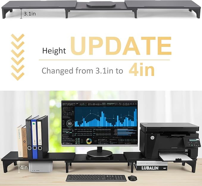 Nnewvante Monitor Stand Riser, Upgrade Height Large TV Riser, 60 inch Large Bamboo Dual Monitor Stand for Desk, 3 Shelves Desktop Screen Riser with Adjustable Length Angle for Computer Laptop Black-DeskLoop Office