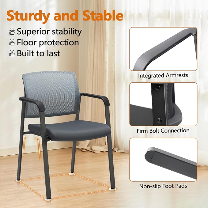 CLATINA Mesh Back Stacking Arm Chairs with Upholstered Fabric Seat and Ergonomic Lumber Support for Office School Church Guest Reception Grey-DeskLoop Office