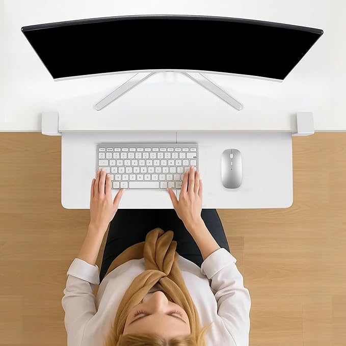 Keyboard Tray Under Desk with Drawer,26.77" X 11.81"Large Size Keyboard Tray with C Clamp-on Mount, Easy to Install, for Home Office (White)-DeskLoop Office