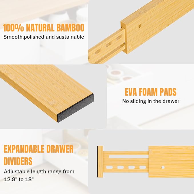 Bamboo Drawer Dividers 4" High, 12.8-18" Adjustable Drawer Organizers for Clothes,Expandable Dresser Separators in Bedroom/Kitchen/Bathroom/Office Organization and Storage,6 Pack-DeskLoop Office
