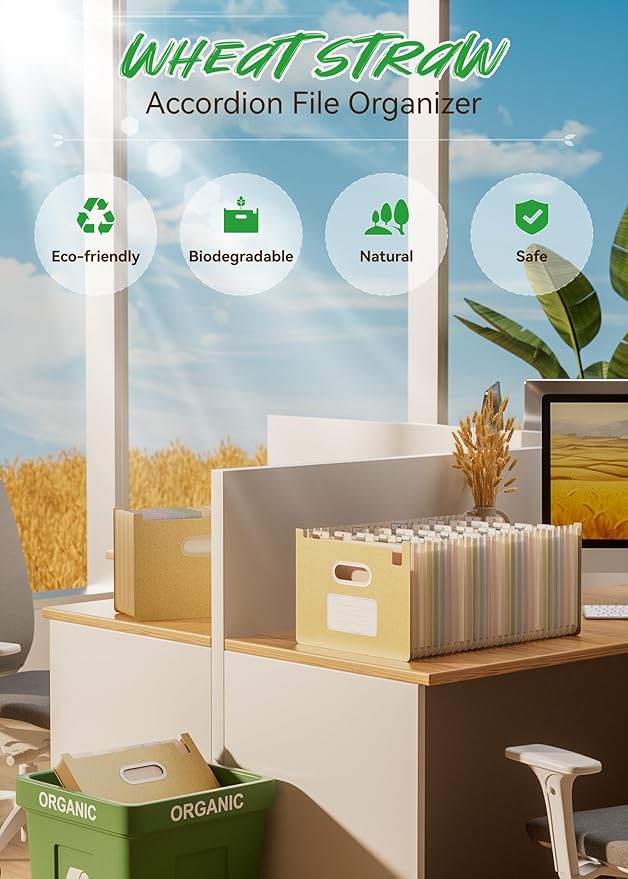 Accordion File Organizer, 26 Pockets Wheat Straw Expanding File Folders, Upright&Open Top, A-Z Bill Receipt Organizer, 100% BPA Free, Return to Nature, Healthy Living, Letter/A4 Size-Wheat Yellow-DeskLoop Office