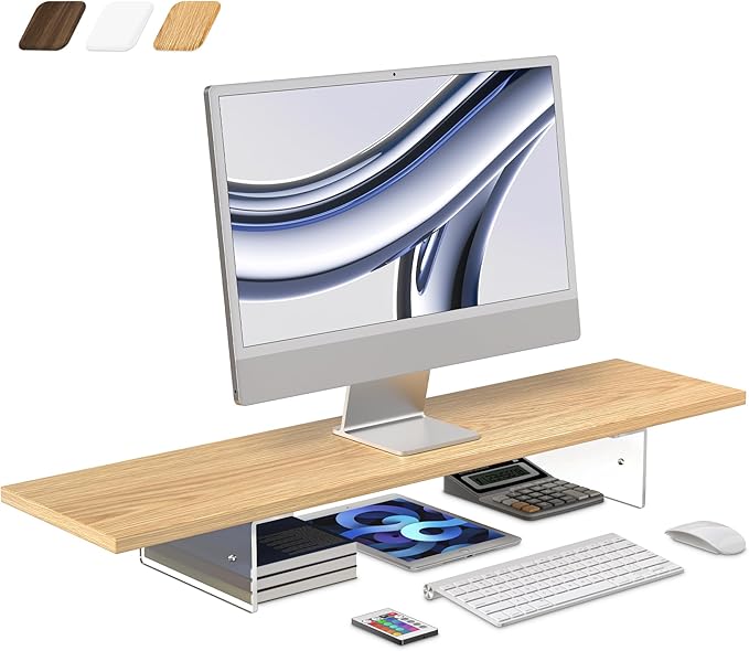 Monitor Stand Riser,Wood & Acrylic Computer Monitor Stand with LED Light,Desk Accessories Desktop Organizer Stand for Computer,Laptop,Printer,PC & TV Screen Riser-DeskLoop Office