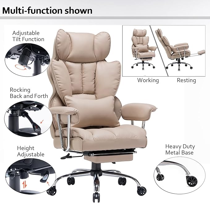 Efomao Big and Tall Office Chair 400lbs – PU Leather Executive Office Chair with Lumbar Support & Leg Rest, Heavy-Duty Computer Chair for Home Office, Dark Beige-DeskLoop Office