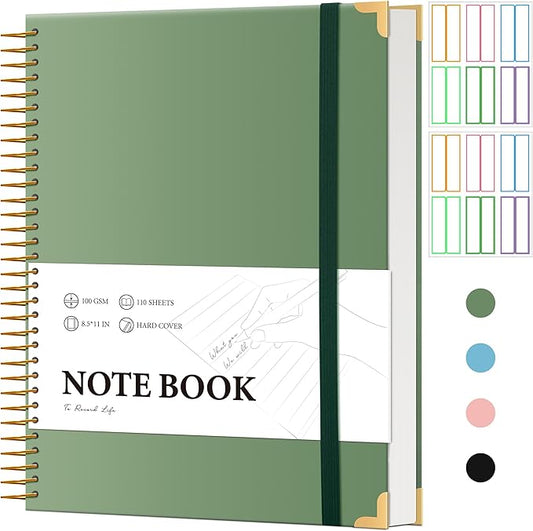 Large Spiral Notebook College Ruled with Tab Stickers A4 Notebooks for School Supplies Hardcover Spiral Notebook 8.5 x 11 Journal Note Book for Work Note Taking Women Men Writing, 220 Pages, Green-DeskLoop Office