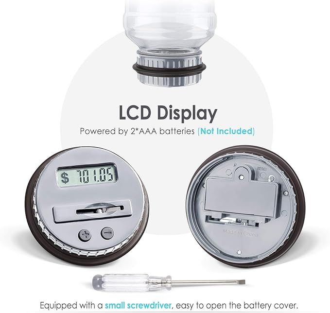 Large Piggy Bank for Boys Adults, Vcertcpl Digital Coin Counting Bank with LCD Counter, 1.8L Capacity Coin Bank Money Jar for Adults, Designed for All US Coins (Gray)