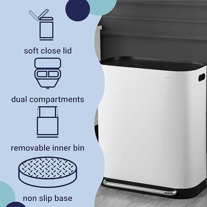 happimess HPM1014C Beni Kitchen 16-Gallon Double-Bucket Step-Open Trash Can with Soft-Close Lid, Modern, Minimalistic, Fingerprint Proof for Home, Kitchen, Laundry Room, Office, Bathroom, White-DeskLoop Office