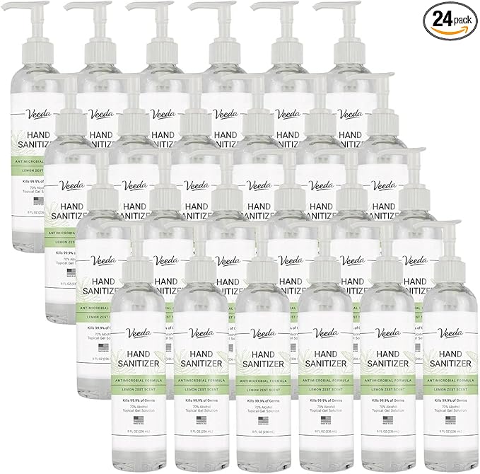 Veeda Scented Hand Sanitizer with Lemon Zest Scent - Moisturizing Clear Gel with Vitamin E & Antimicrobial Formula- Contains 70% Ethyl Alcohol - Travel Size, Made in USA - 8 Fl Oz, 236ml - 24 Bottles-DeskLoop Office