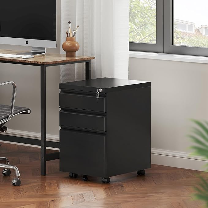 YITAHOME 3 Drawer File Cabinet with Lock, 20” Deep Office Vertical Files, Mobile Metal Filing Cabinet, Metal Vertical Filing Storage Cabinet for Letters/Legal/A4 Size,Black-DeskLoop Office