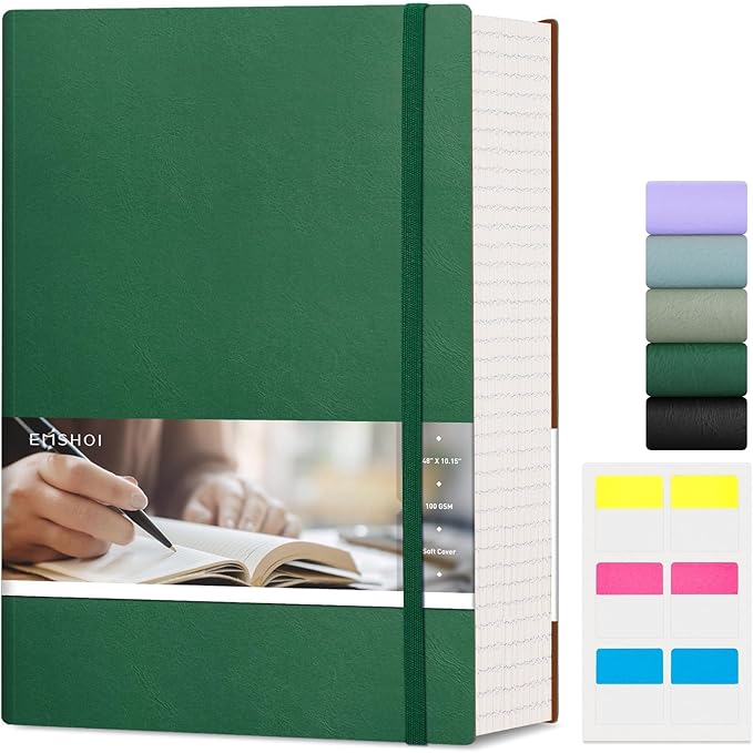EMSHOI B5 College Ruled Notebook Journal- 400 Pages (200sheets), 7mm Spacing & Vegan Leather Cover for Work, School, Bible Study, Bullet Journaling- with Sticky Notes, Pocket & Pen Holder - Dark Green-DeskLoop Office