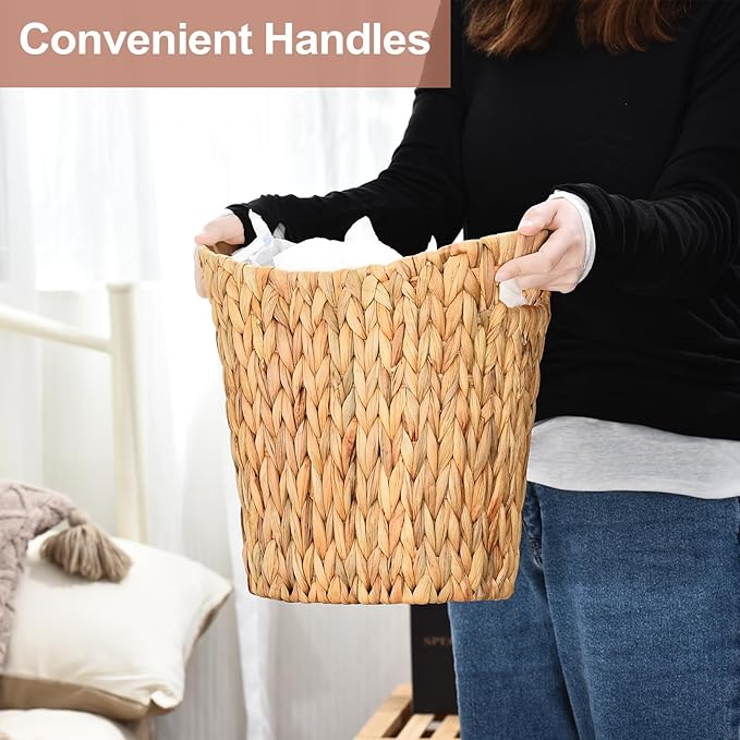 FairyHaus Wicker Trash Can with Handles, Natural Water Hyacinth Wicker Waste Basket, Handwoven Wicker Trash Basket for Bathroom Bedrooms, 13" L x 7.5" W x 12.2" H-DeskLoop Office