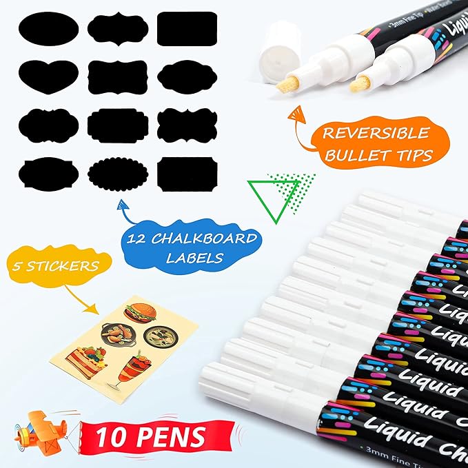 White Liquid Chalk Markers Set, Pack of 10 White Chalkboard Paint Pens with 12 Chalkboard Labels, 5 Stickers, Perfect for Chalkboards, Bistro Boards, Glass and Metal-DeskLoop Office