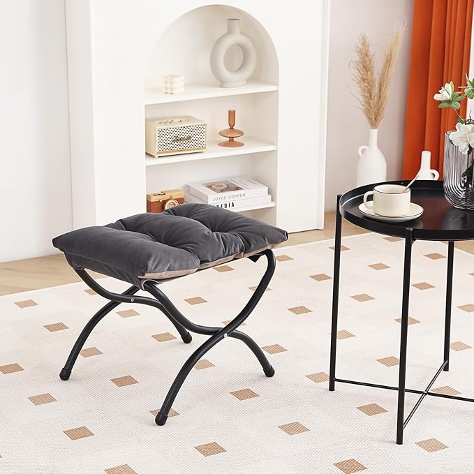 LITA Folding Upholstered Footrest Stool, Modern Small Portable Accent Ottoman with Detachable Thick Cotton Cushion Padded Sofa Stool with Metal Frame for Lazy Chair, Living Room & Bedroom, Smoky Grey-DeskLoop Office